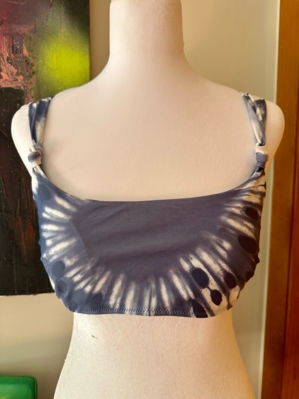 aerie Navy and White Tie-Dye Scoop Neck Swim Top